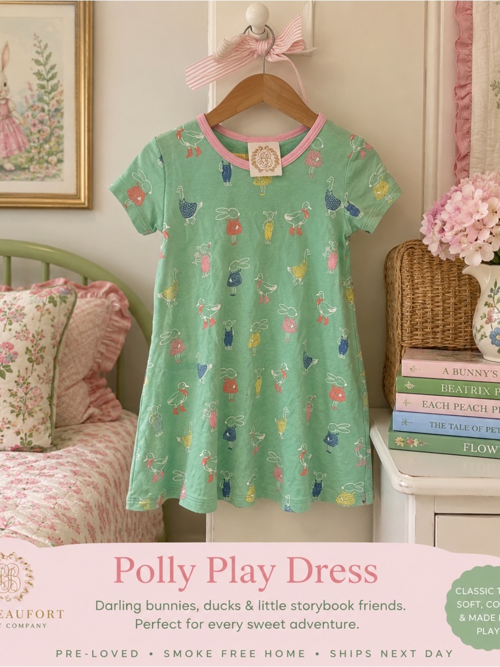 The Beaufort Bonnet Company Mint Green Bunny & Duck Print Dress with Pink Trim